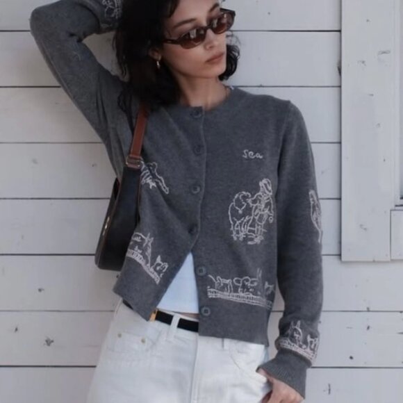 Classic Sea New York Edin Cardigan Small Gray Grey Knit Embroidered Wool - Picture 12 of 16